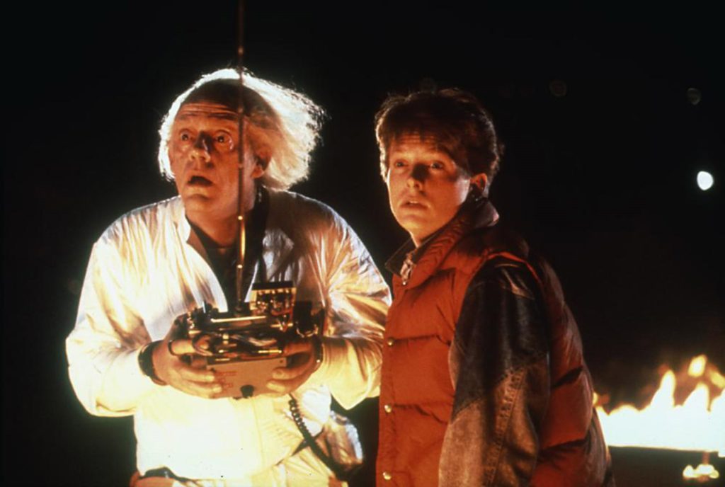 A still from the film where Marty and Doc test the time machine